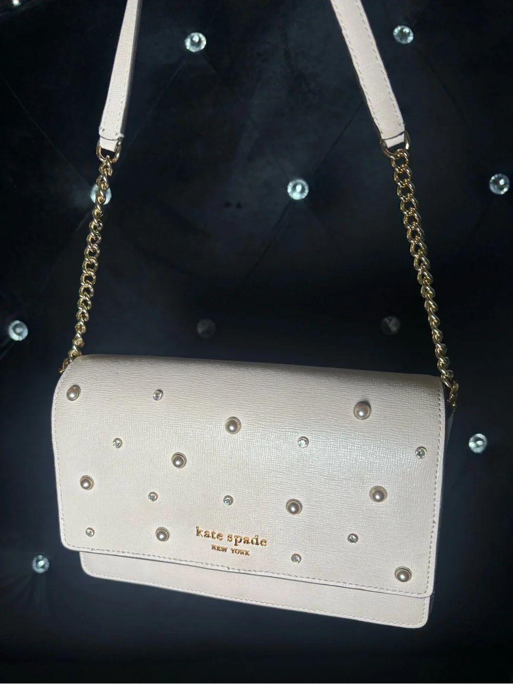 kate spade pearl-studded cream crossbody with gold chain
